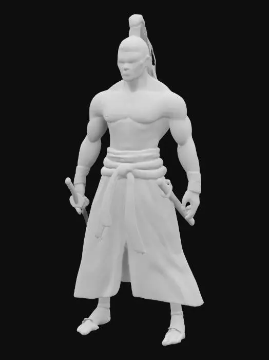 3D model for lean swordsman with sharp dark purple piercing eyes and ponytail black hairstyle framing his pale face, his skin adorned with black forgotten language markings. dark hakama with a loosely tied gray cloth belt. radiating dark energy. His stance is serious, exuding bloodlust and mystery.
