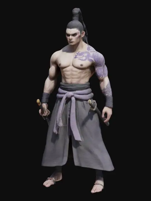 3D model for lean swordsman with sharp dark purple piercing eyes and ponytail black hairstyle framing his pale face, his skin adorned with black forgotten language markings. dark hakama with a loosely tied gray cloth belt. radiating dark energy. His stance is serious, exuding bloodlust and mystery.