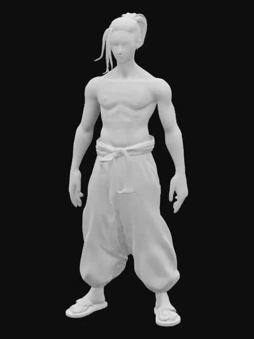 3D model for lean male teenager with sharp dark purple piercing eyes and ponytail black hairstyle framing his pale face, his skin adorned with black forgotten language markings. dark hakama with a loosely tied gray cloth belt. radiating dark energy. His stance is serious, exuding bloodlust and mystery.