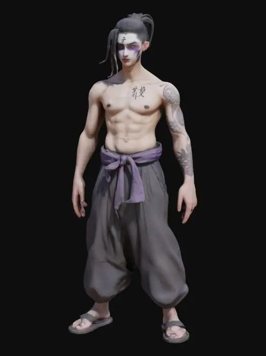 3D model for lean male teenager with sharp dark purple piercing eyes and ponytail black hairstyle framing his pale face, his skin adorned with black forgotten language markings. dark hakama with a loosely tied gray cloth belt. radiating dark energy. His stance is serious, exuding bloodlust and mystery.