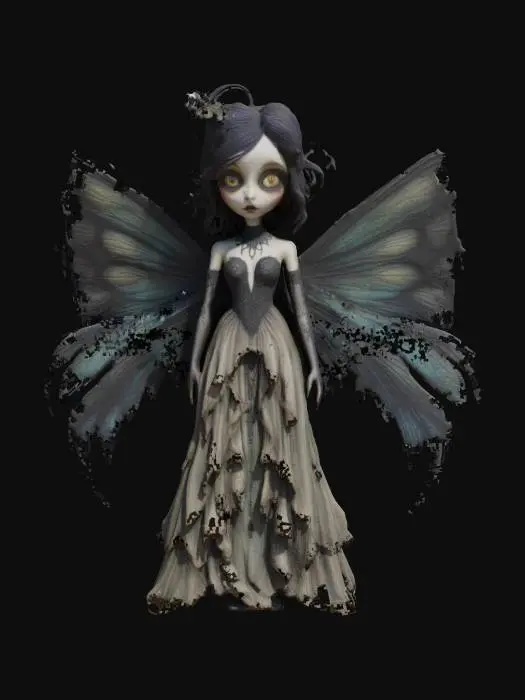 3D model for #fairy#, Burtonesque style isnpired, with gothic elements, Tim Burton ispired style, fairy of shimmering darknes