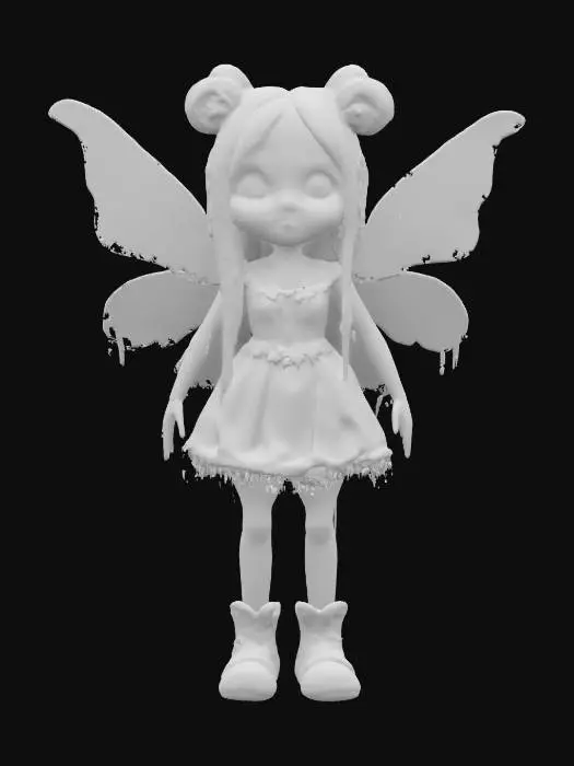 3D model for #fairy#, yarn doll style, melancholic colores, spooky.