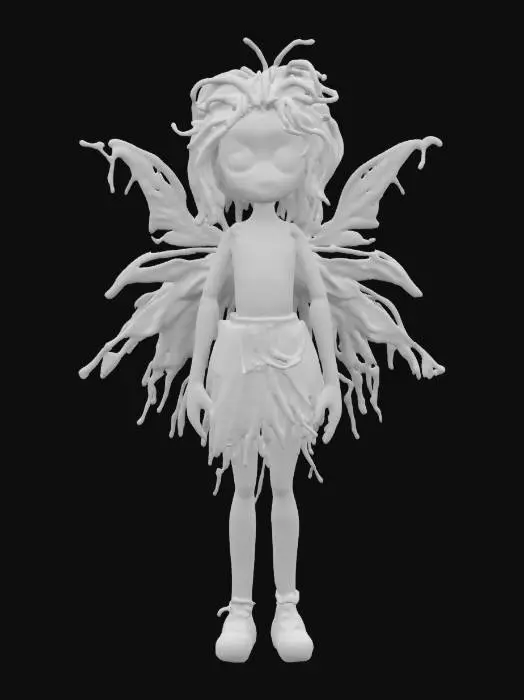 3D model for #fairy#, yarn doll style, melancholic colores, spooky.