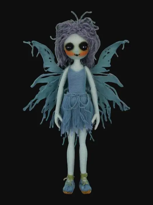 3D model for #fairy#, yarn doll style, melancholic colores, spooky.