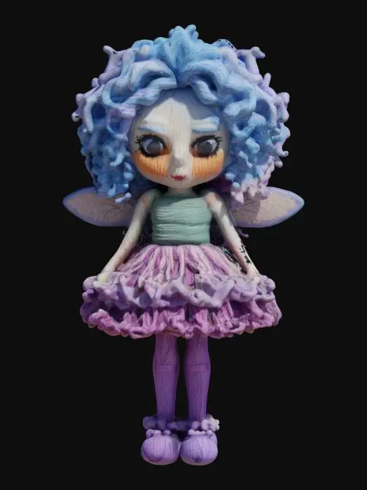 3D model for #fairy#, yarn doll fairy, melancholic saturated color palette.