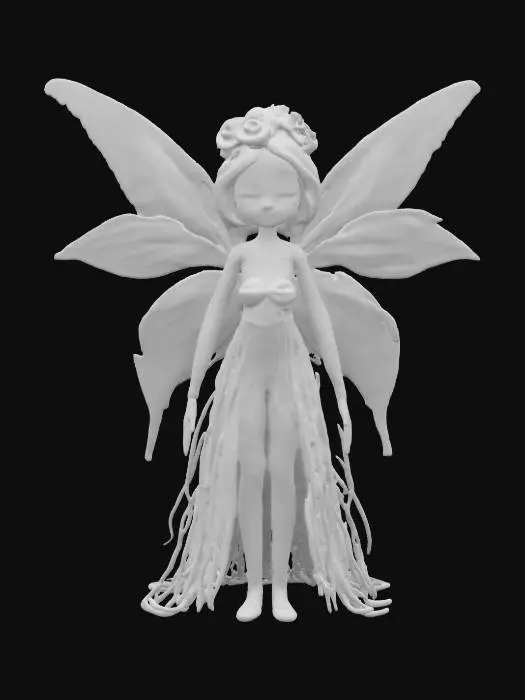 3D model for #fairy#, yarn doll style, melancholic saturated color palette.