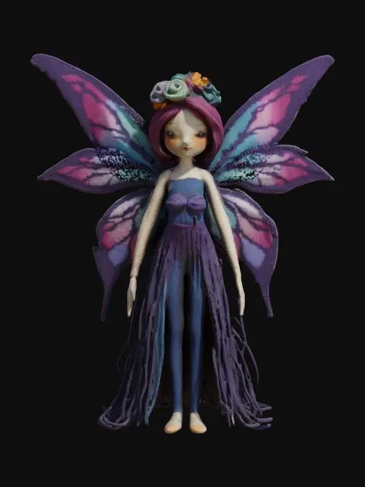 3D model for #fairy#, yarn doll style, melancholic saturated color palette.