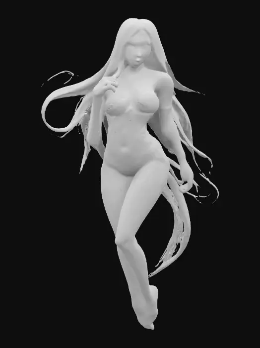 3D model for Sleek beautiful humanoid goddess woman, with beautiful levitating half naked body, hot, the woman goes by name The Violence of the crescent, surreal/sleek beauty, ethernal soul , outherwordly vizualization, fluttering hair the strings of moon light.