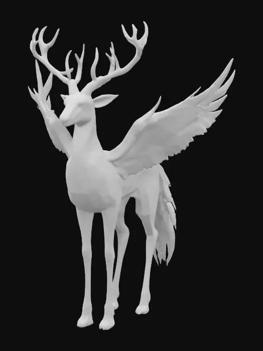 3D model for A creature resembling a hybrid of a deer and a phoenix, with smooth, obsidian-black fur that has fiery orange and gold streaks running through it. Its legs are long and slender, ending in hooves that shimmer like molten metal. Two large, feathery wings sprout from its back, each feather glowing softly with ember-like tips. Its head is elegant, with glowing, silver antlers that twist upwards, and deep, amber eyes. The tail is long and #fairy#.