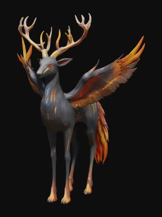 3D model for A creature resembling a hybrid of a deer and a phoenix, with smooth, obsidian-black fur that has fiery orange and gold streaks running through it. Its legs are long and slender, ending in hooves that shimmer like molten metal. Two large, feathery wings sprout from its back, each feather glowing softly with ember-like tips. Its head is elegant, with glowing, silver antlers that twist upwards, and deep, amber eyes. The tail is long and #fairy#.