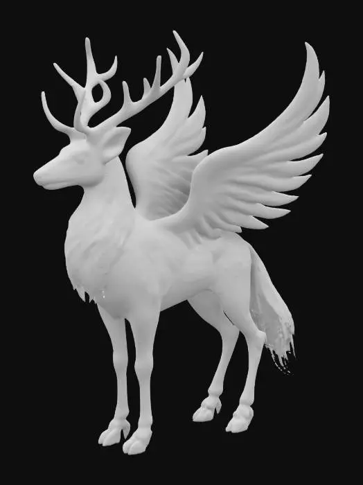 3D model for A creature resembling a hybrid of a deer and a phoenix, with smooth, obsidian-black fur that has fiery orange and gold streaks running through it. Its legs are long and slender, ending in hooves that shimmer like molten metal. Two large, feathery wings sprout from its back, each feather glowing softly with ember-like tips. Its head is elegant, with glowing, silver antlers that twist upwards, and deep, amber eyes. The tail is long and #fairy#.