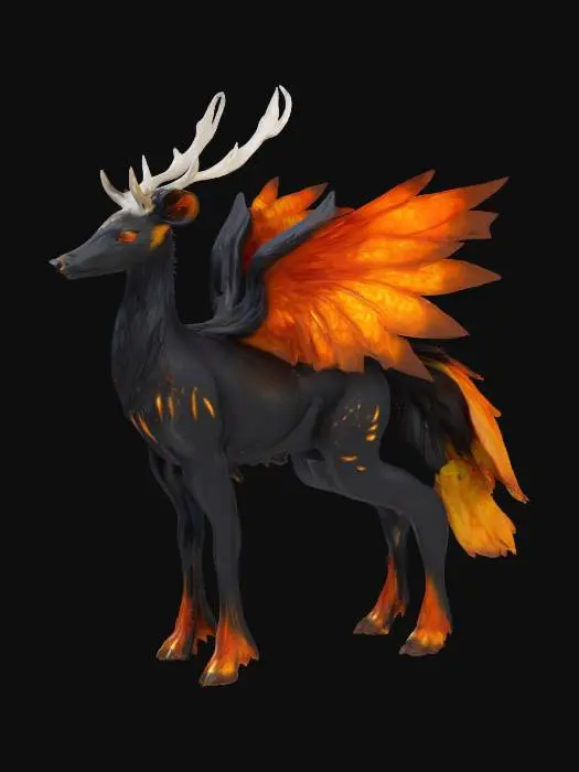 3D model for A creature resembling a hybrid of a deer and a phoenix, with smooth, obsidian-black fur that has fiery orange and gold streaks running through it. Its legs are long and slender, ending in hooves that shimmer like molten metal. Two large, feathery wings sprout from its back, each feather glowing softly with ember-like tips. Its head is elegant, with glowing, silver antlers that twist upwards, and deep, amber eyes. The tail is long and #fairy#.