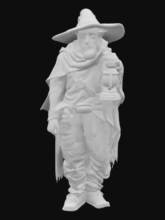 3D model for A hunched wanderer cloaked in frayed, twilight-blue fabric, stitched with faint silver threads like constellations. Their skin is gray and leathery, marked by faint scars and symbols. A wide-brimmed hat hides glowing amber eyes that peer from the shadows. Fingers are wrapped in old cloth, with metal rings carved with runes. A lantern hangs from their belt, glowing with an eerie green light, casting flickering shapes.