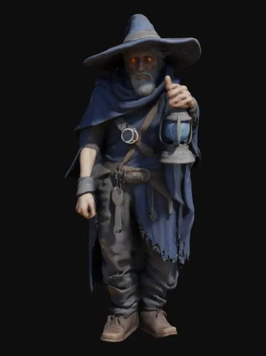 3D model for A hunched wanderer cloaked in frayed, twilight-blue fabric, stitched with faint silver threads like constellations. Their skin is gray and leathery, marked by faint scars and symbols. A wide-brimmed hat hides glowing amber eyes that peer from the shadows. Fingers are wrapped in old cloth, with metal rings carved with runes. A lantern hangs from their belt, glowing with an eerie green light, casting flickering shapes.