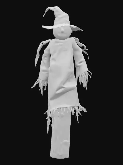 3D model for A weathered scarecrow stands tall on a wooden post, its body made from burlap sacks stitched with coarse thread. The fabric is faded and patched, showing signs of age. A straw-filled torso is tied at the waist with old rope, and loose straw pokes from its sleeves and neck. Its arms are made of thin branches, and its head is a sack with a stitched smile and button eyes. A tattered hat sits crooked on its head, and its surface textures blend rough fabric, dry straw, scary, #garden#