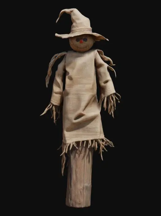 3D model for A weathered scarecrow stands tall on a wooden post, its body made from burlap sacks stitched with coarse thread. The fabric is faded and patched, showing signs of age. A straw-filled torso is tied at the waist with old rope, and loose straw pokes from its sleeves and neck. Its arms are made of thin branches, and its head is a sack with a stitched smile and button eyes. A tattered hat sits crooked on its head, and its surface textures blend rough fabric, dry straw, scary, #garden#