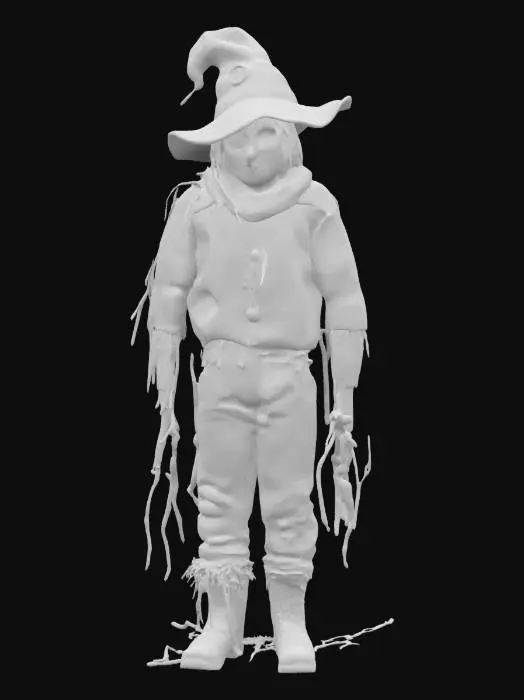 3D model for A weathered dark fantasy inspired scarecrow stands tall on a wooden post, its body made from burlap sacks stitched with coarse thread. The fabric is faded and patched, showing signs of age. A straw-filled torso is tied at the waist with old rope, and loose straw pokes from its sleeves and neck. Its arms are made of thin branches, and its head is a sack with a stitched smile and button eyes. A tattered hat sits crooked on its head, screepy color palette, dry straw, scary, #garden#