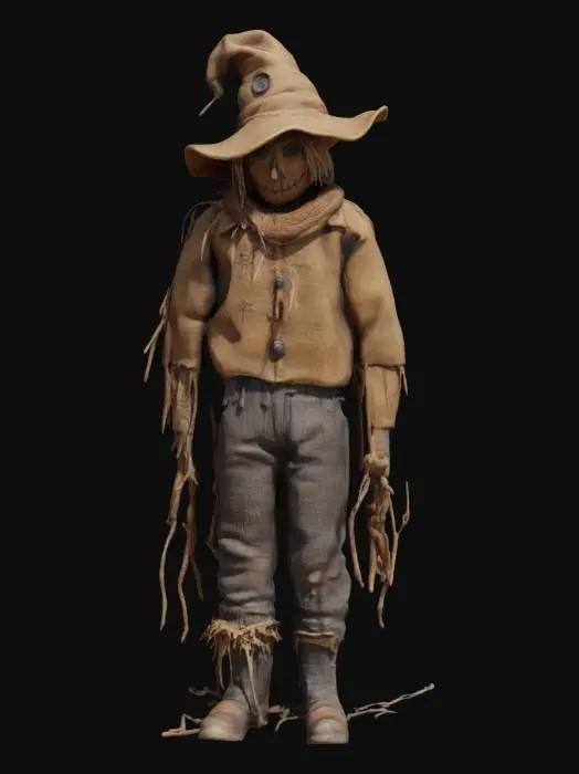 3D model for A weathered dark fantasy inspired scarecrow stands tall on a wooden post, its body made from burlap sacks stitched with coarse thread. The fabric is faded and patched, showing signs of age. A straw-filled torso is tied at the waist with old rope, and loose straw pokes from its sleeves and neck. Its arms are made of thin branches, and its head is a sack with a stitched smile and button eyes. A tattered hat sits crooked on its head, screepy color palette, dry straw, scary, #garden#