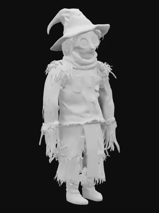 3D model for A weathered dark fantasy inspired scarecrow stands tall on a wooden post, its body made from burlap sacks stitched with coarse thread. The fabric is patched, showing signs of age. A straw-filled torso is tied at the waist with old rope, and loose straw pokes from its sleeves and neck. Its arms are made of thin branches, and its head is a sack with a stitched wide creepy smile and button creepy eyes. A tattered hat sits crooked on its head, screepy darker horror color palette, scary, #garden#