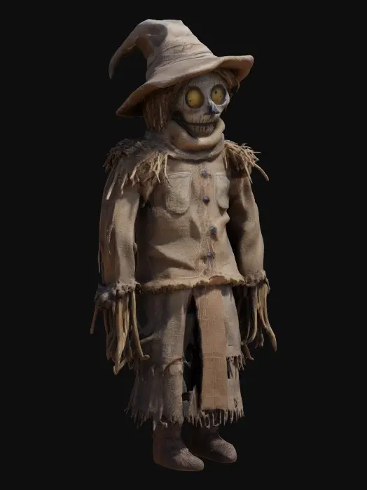 3D model for A weathered dark fantasy inspired scarecrow stands tall on a wooden post, its body made from burlap sacks stitched with coarse thread. The fabric is patched, showing signs of age. A straw-filled torso is tied at the waist with old rope, and loose straw pokes from its sleeves and neck. Its arms are made of thin branches, and its head is a sack with a stitched wide creepy smile and button creepy eyes. A tattered hat sits crooked on its head, screepy darker horror color palette, scary, #garden#
