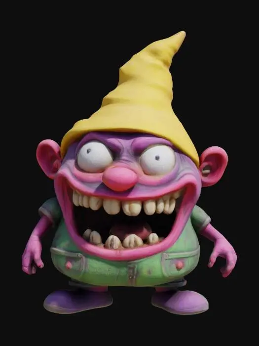 3D model for Creepy horrific looking , #garden# gnom, creepy wide smile and creepy eyes, vivid funny and creepy colors at the same time.