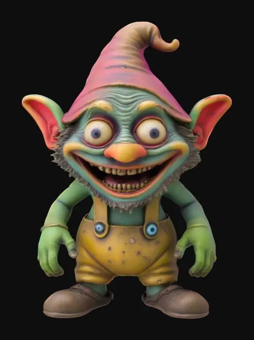 3D model for Creepy horrific looking , #garden# gnom, creepy wide smile and creepy eyes, vivid funny and creepy colors at the same time.