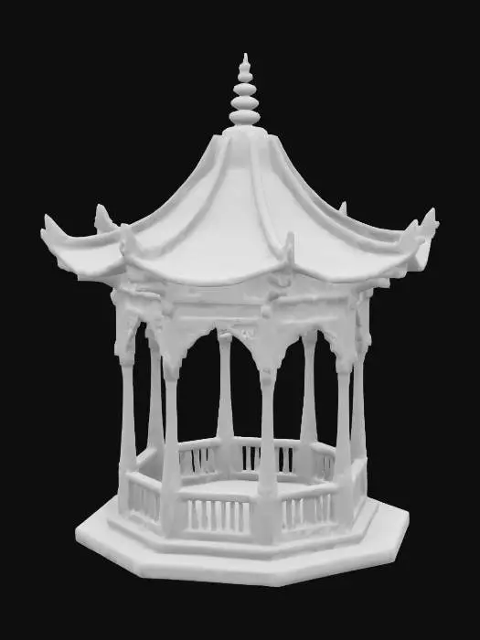3D model for A beautiful #garden# gazebo, wooden ornamentally shaped, roof is creatively alien like architecture shaped, harmony gazebo.