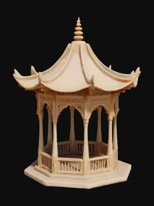 3D model for A beautiful #garden# gazebo, wooden ornamentally shaped, roof is creatively alien like architecture shaped, harmony gazebo.