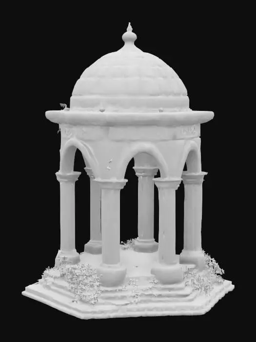 3D model for Ancient stone #garden# gazebo, weathered and cracked, draped in withered ivy. Its pillars are engraved with forgotten runes and multiple eyes randomly all over the gazebo, partially eroded by time. A tarnished brass dome sits atop, pierced by thorns and roots from above. And faded banners, whispering sorrow, abstract agony