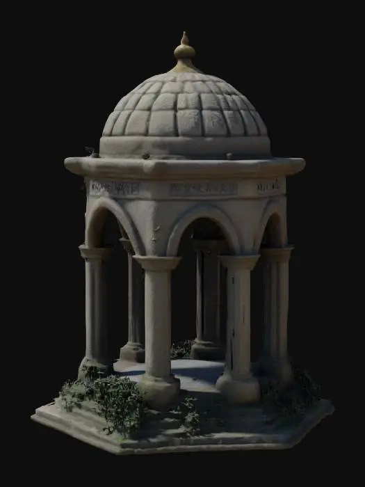 3D model for Ancient stone #garden# gazebo, weathered and cracked, draped in withered ivy. Its pillars are engraved with forgotten runes and multiple eyes randomly all over the gazebo, partially eroded by time. A tarnished brass dome sits atop, pierced by thorns and roots from above. And faded banners, whispering sorrow, abstract agony