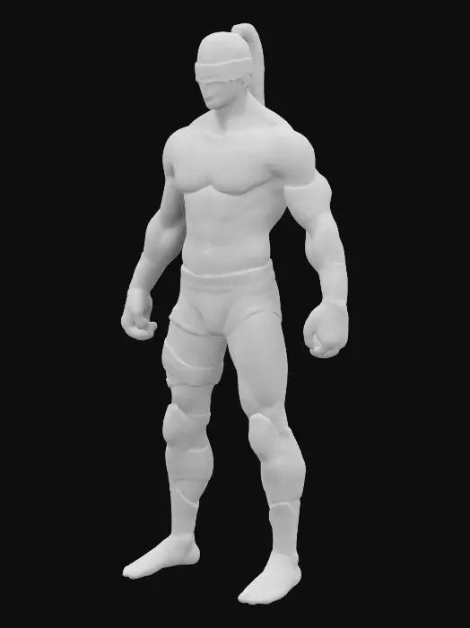 3D model for a fighter with blindfold his upper body is fully covered in bandages and wraps, serious stance, he has long hair with ponytail. abstract agony