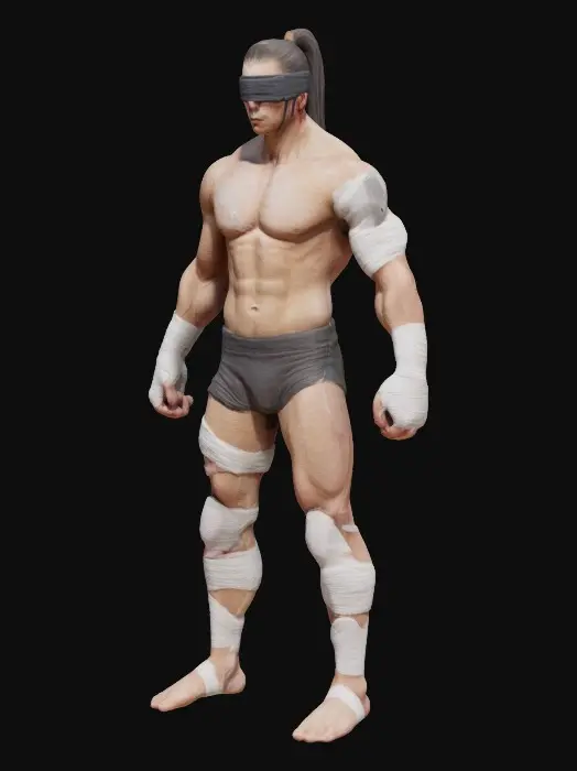 3D model for a fighter with blindfold his upper body is fully covered in bandages and wraps, serious stance, he has long hair with ponytail. abstract agony