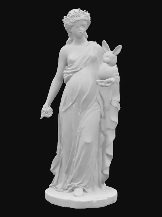 3D model for #garden# marble statue, goddess with petal crown, she holds a random animal in her arms, she has bird that is sitting on her shoulder.
Covered in slight moss.