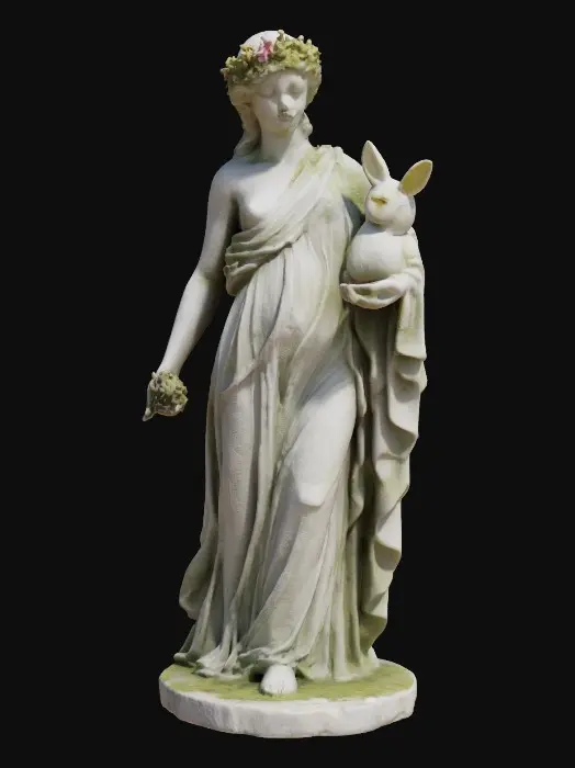 3D model for #garden# marble statue, goddess with petal crown, she holds a random animal in her arms, she has bird that is sitting on her shoulder.
Covered in slight moss.