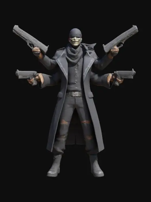 3D model for A humanoid gunslinger with 4 arms he has gun in everyhand, dark fantasy merged sci-fi style, he is blindfolded with fluttering bandana. he wears a black stylized coat, smiling with creepy smile.