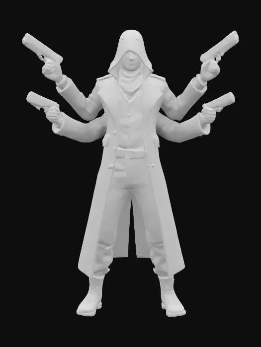 3D model for A humanoid gunslinger with 4 arms he has gun in everyhand, dark fantasy merged sci-fi style, he is blindfolded with fluttering bandana. he wears a black stylized coat, smiling with creepy smile.