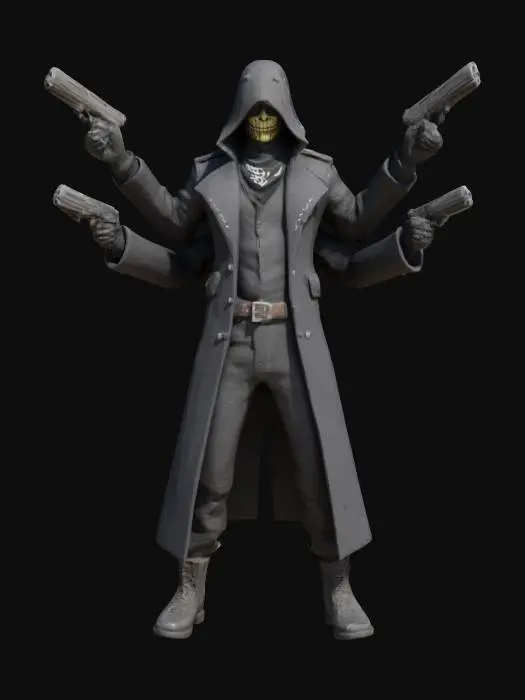 3D model for A humanoid gunslinger with 4 arms he has gun in everyhand, dark fantasy merged sci-fi style, he is blindfolded with fluttering bandana. he wears a black stylized coat, smiling with creepy smile.