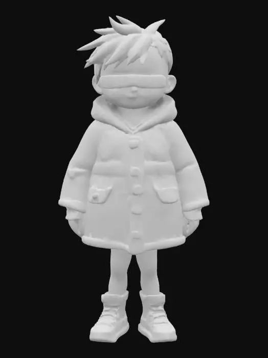 3D model for a blindfolded time-traveler child with glowing tattoos that change shape. She wears a coat stitched from maps of lost realms. Her boots leave trails of stars. Her eyes, never seen, are said to hold ancient truths. Blend fantasy and sci-fi elements for a surreal, ethereal look