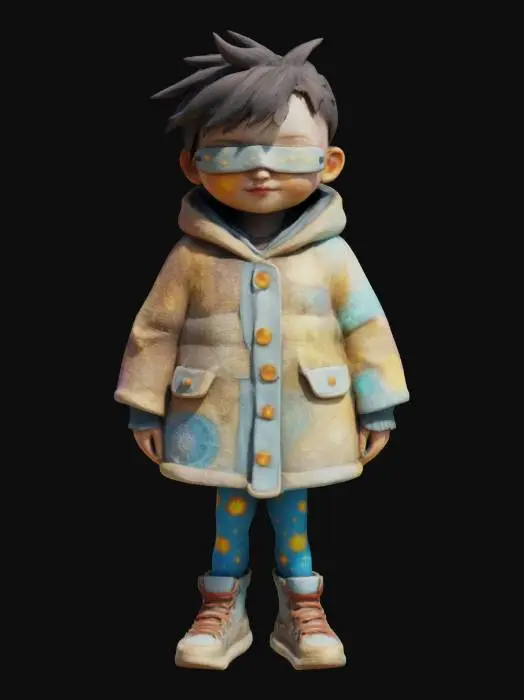 3D model for a blindfolded time-traveler child with glowing tattoos that change shape. She wears a coat stitched from maps of lost realms. Her boots leave trails of stars. Her eyes, never seen, are said to hold ancient truths. Blend fantasy and sci-fi elements for a surreal, ethereal look