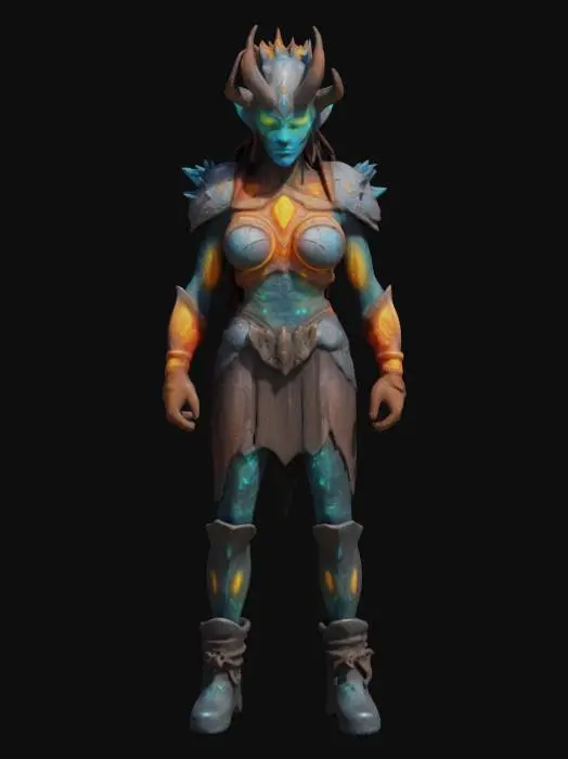 3D model for a subterranean gladiator. His skin is bioluminescent, patterned like rare minerals. Wears tight, chiseled armor made from crystal shards and molten stone, fused into his flesh. His eyes reflect seismic vibrations.