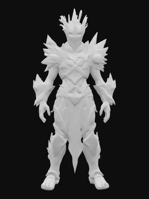3D model for a subterranean gladiator. His skin is bioluminescent, patterned like rare minerals. Wears tight, chiseled armor made from crystal shards and molten stone, fused into his flesh. His eyes reflect seismic vibrations.