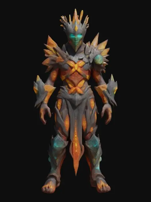 3D model for a subterranean gladiator. His skin is bioluminescent, patterned like rare minerals. Wears tight, chiseled armor made from crystal shards and molten stone, fused into his flesh. His eyes reflect seismic vibrations.