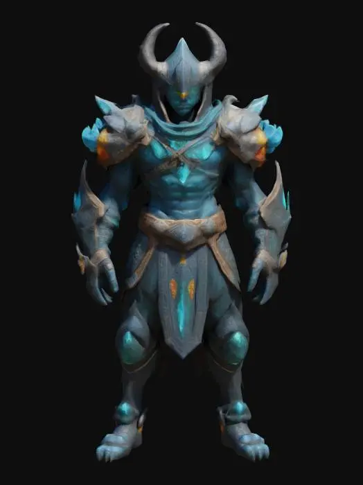 3D model for a subterranean gladiator. His skin is bioluminescent, patterned like rare minerals. Wears tight, chiseled armor made from crystal shards and molten stone, fused into his flesh. His eyes reflect seismic vibrations.