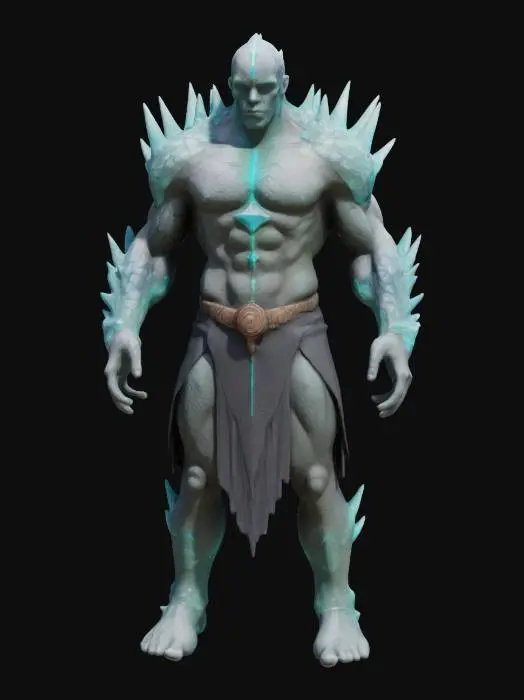 3D model for a subterranean gladiator. His skin is bioluminescent, patterned like rare minerals. Wears tight, chiseled armor made from crystal shards and molten stone, fused into his flesh. His eyes reflect seismic vibrations.