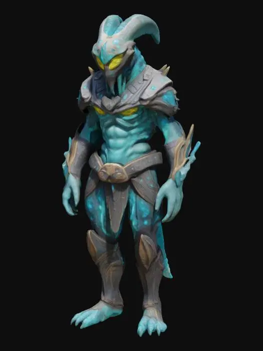3D model for a subterranean gladiator. His skin is bioluminescent, patterned like rare minerals. Wears tight, chiseled armor made from crystal shards and molten stone, fused into his flesh. His eyes reflect seismic vibrations.