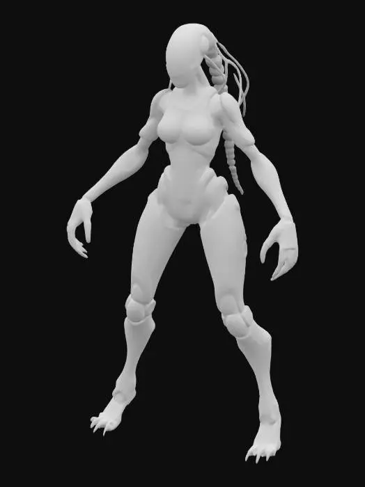 3D model for a rogue biomechanic slender monster dancer. Her body is sleek, segmented like an insect, with chrome limbs and soft glowing joints. She wears tight reactive minimalistic armor. Her hair is tubular and short, wired into sensors.