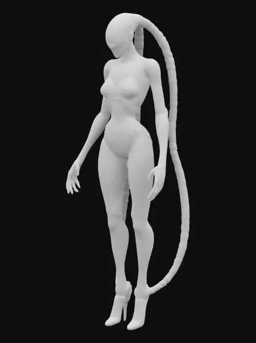 3D model for a rogue biomechanic slender monster dancer. Her body is sleek, segmented like an insect, with chrome limbs and soft glowing joints. She wears tight reactive minimalistic armor. Her hair is tubular and short, wired into sensors.