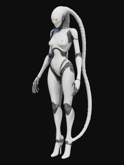 3D model for a rogue biomechanic slender monster dancer. Her body is sleek, segmented like an insect, with chrome limbs and soft glowing joints. She wears tight reactive minimalistic armor. Her hair is tubular and short, wired into sensors.