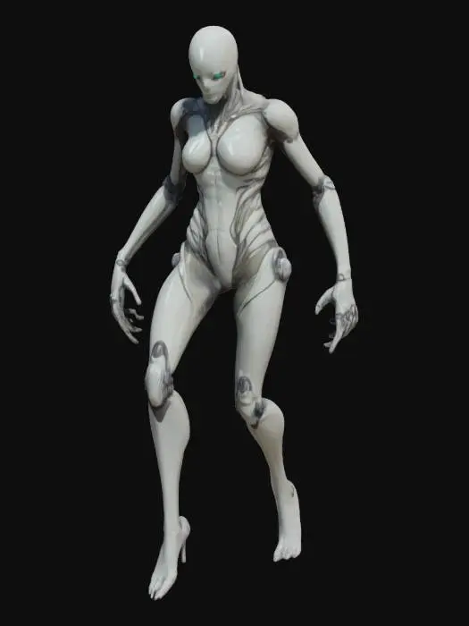 3D model for a rogue biomechanic slender monster dancer. Her body is sleek, segmented like an insect, with chrome limbs and soft glowing joints. She wears tight reactive minimalistic armor. Her hair is tubular and short, wired into sensors.