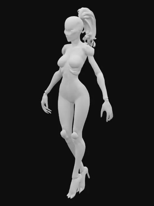 3D model for a rogue biomechanic slender monster dancer. Her body is sleek, segmented like an insect, with chrome limbs and soft glowing joints. She wears tight reactive minimalistic armor. Her hair is tubular and short, wired into sensors.